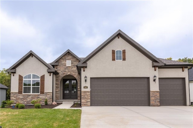 view of front of house featuring french doors and a front lawn