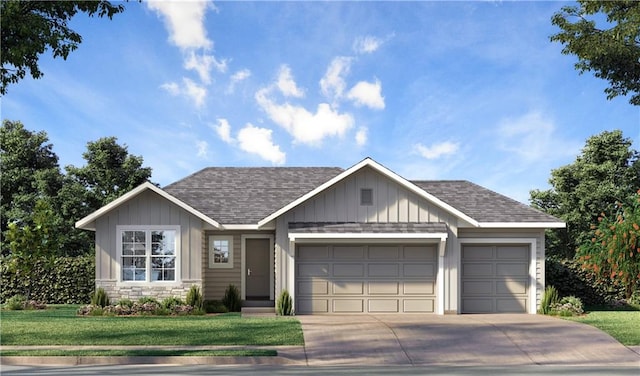 ranch-style house with a front yard, concrete driveway, roof with shingles, and an attached garage