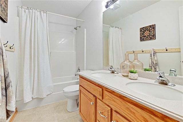 full bathroom featuring toilet, shower / tub combo, tile patterned floors, and vanity