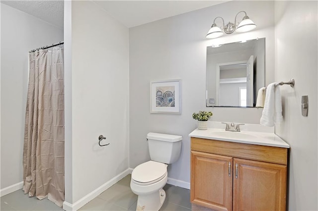 bathroom with toilet, a textured ceiling, tile patterned flooring, a shower with shower curtain, and vanity