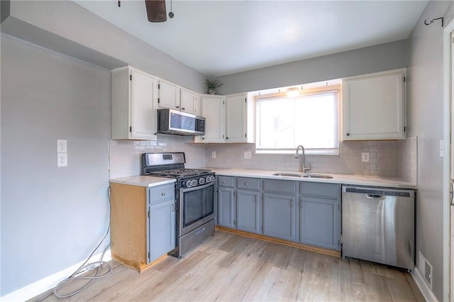 kitchen with backsplash, sink, light wood-type flooring, and stainless steel appliances