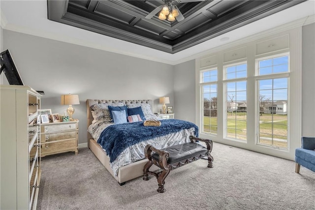 carpeted bedroom with crown molding, ceiling fan, and coffered ceiling