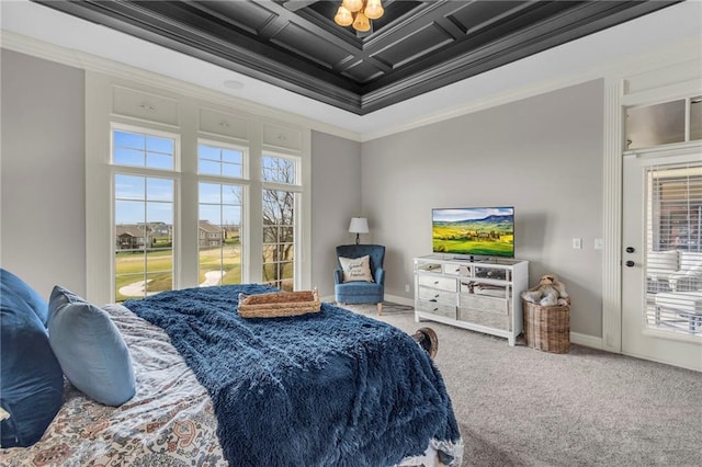 bedroom featuring crown molding, carpet floors, and coffered ceiling