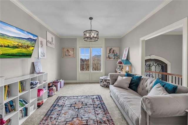 rec room featuring light carpet, an inviting chandelier, and crown molding