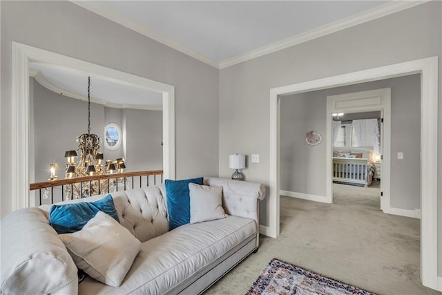 carpeted living room featuring ornamental molding and an inviting chandelier