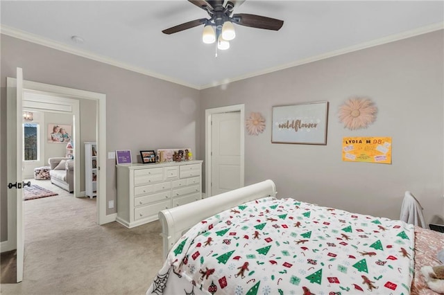 bedroom featuring light colored carpet, ceiling fan, and crown molding