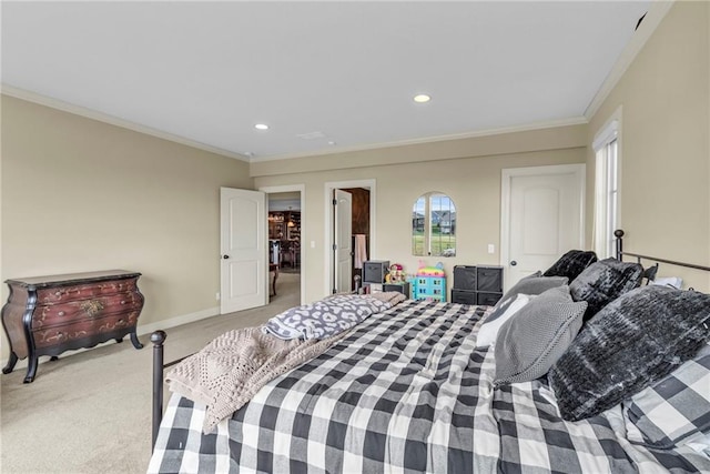 bedroom with crown molding and light colored carpet