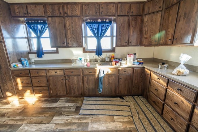 kitchen with sink, dark brown cabinetry, and dark wood-type flooring