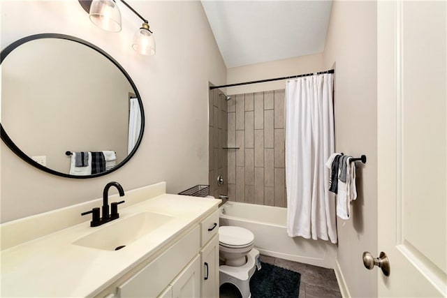 full bathroom featuring toilet, vanity, shower / tub combo with curtain, and tile patterned flooring