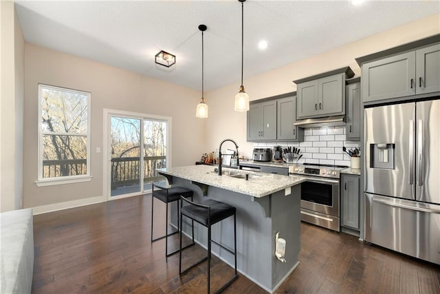 kitchen with gray cabinets, decorative light fixtures, an island with sink, sink, and stainless steel appliances