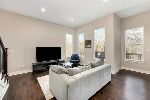 22404 W 76th St, Shawnee, KS 66227 - living area featuring stairs, dark wood-type flooring, baseboards, and recessed lighting