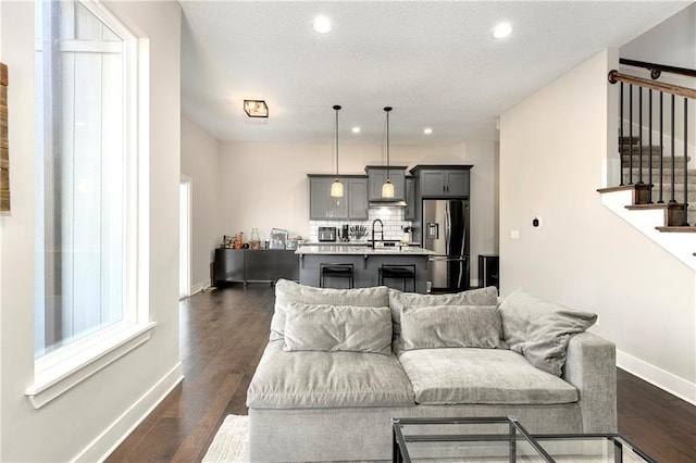 22404 W 76th St, Shawnee, KS 66227 - living area with stairs, recessed lighting, baseboards, and dark wood-style flooring