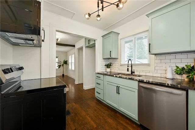 4412 N Jackson Ave, Kansas City, MO 64117 - kitchen featuring sink, dishwasher, dark wood-type flooring, backsplash, and range