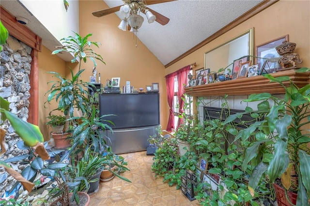 reception with ceiling fan and a fireplace