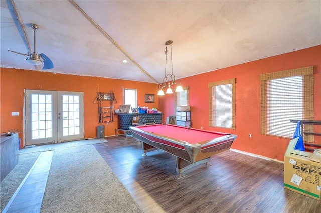 game room with wood-type flooring, french doors, and billiards