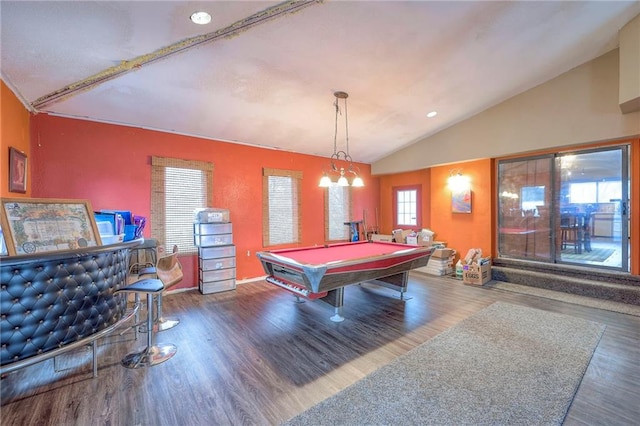 game room featuring wood-type flooring, vaulted ceiling, and billiards