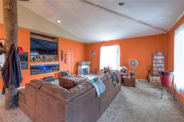 living room with carpet floors and lofted ceiling