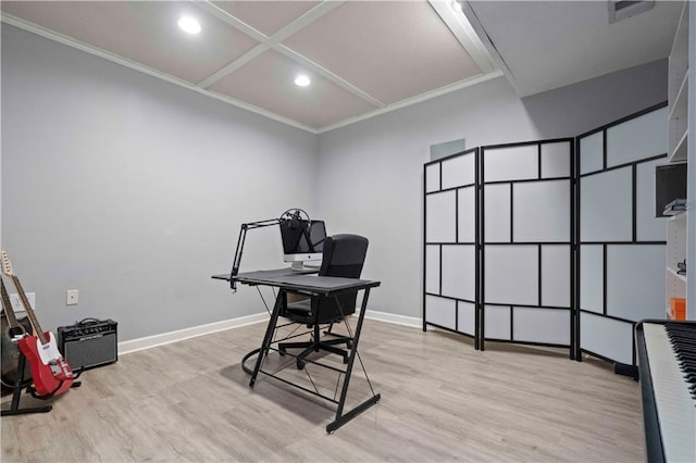 home office with ornamental molding, coffered ceiling, and light hardwood / wood-style flooring