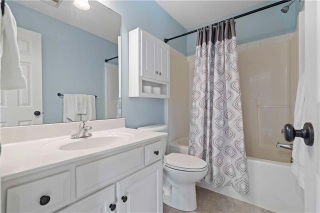 full bathroom with vanity, toilet, and shower / bath combo with shower curtain