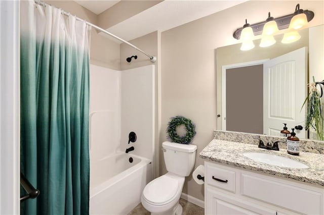 full bathroom featuring toilet, vanity, and shower / bath combination with curtain