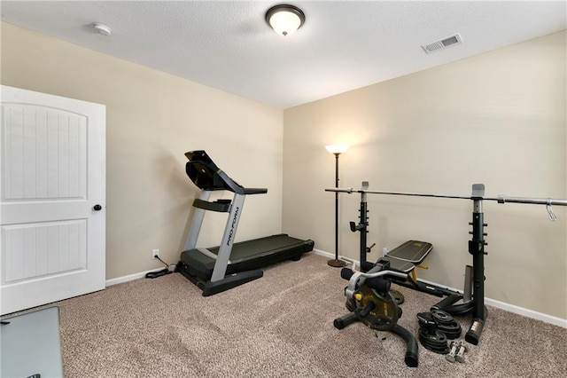 workout room featuring carpet floors