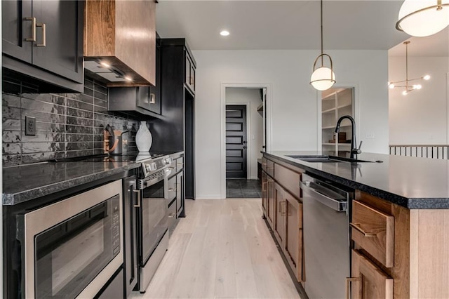 kitchen featuring appliances with stainless steel finishes, a kitchen island with sink, sink, pendant lighting, and light hardwood / wood-style floors