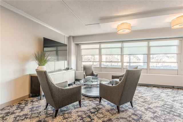 living room featuring carpet floors, a textured ceiling, and crown molding