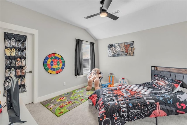 bedroom featuring carpet flooring, ceiling fan, and vaulted ceiling