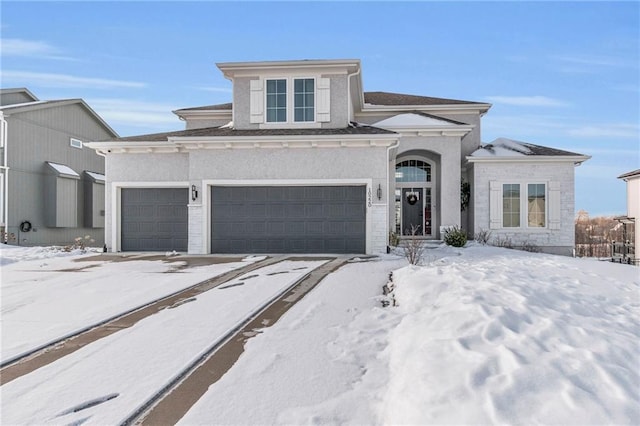 view of front of home featuring stone siding and stucco siding