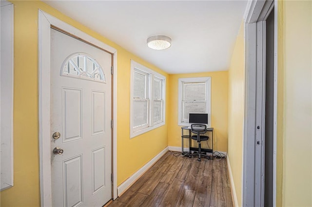 hall featuring plenty of natural light and dark hardwood / wood-style floors