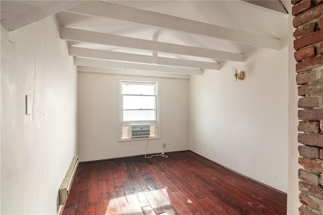 unfurnished room with cooling unit, beamed ceiling, dark hardwood / wood-style floors, and a baseboard heating unit