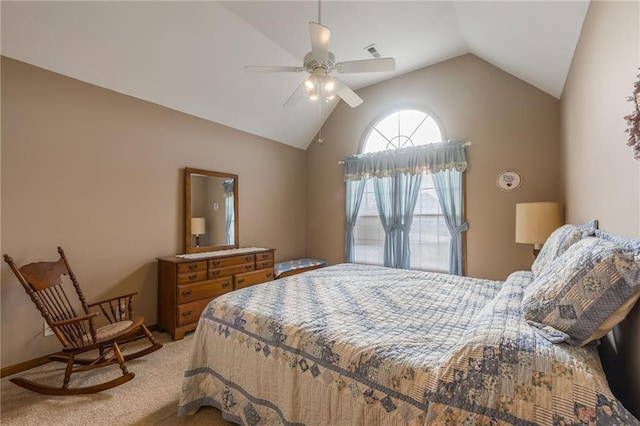 carpeted bedroom with ceiling fan and lofted ceiling