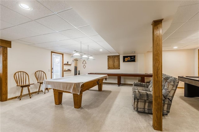 playroom featuring light colored carpet and billiards