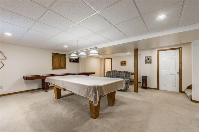 rec room with carpet flooring, a paneled ceiling, and billiards