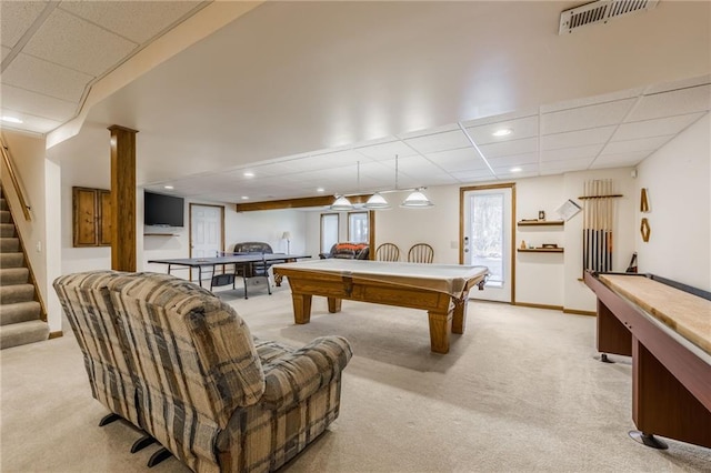 rec room featuring a paneled ceiling, light colored carpet, and pool table