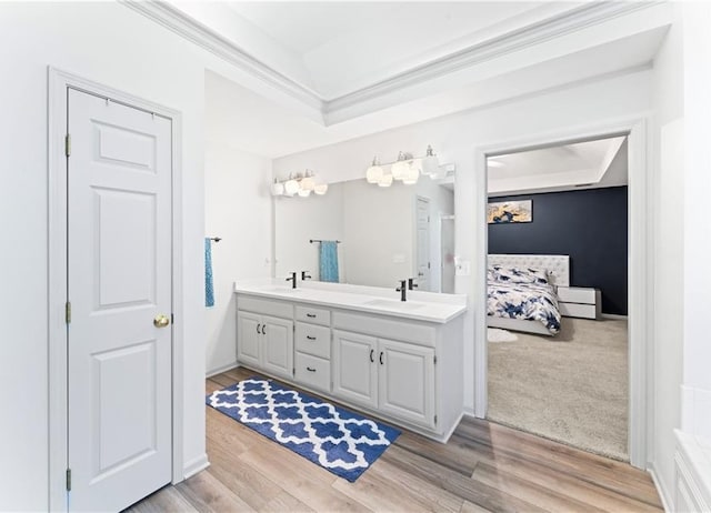 bathroom featuring hardwood / wood-style floors, vanity, a raised ceiling, and ornamental molding