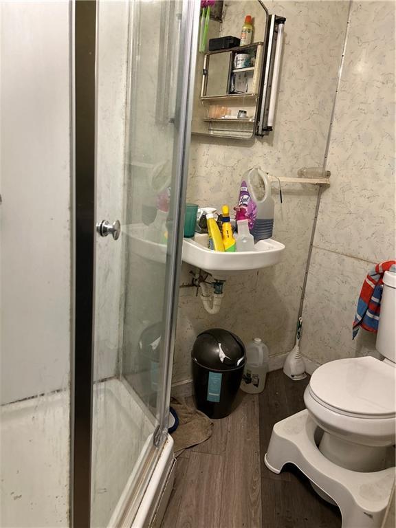 bathroom with sink, toilet, wood-type flooring, and walk in shower