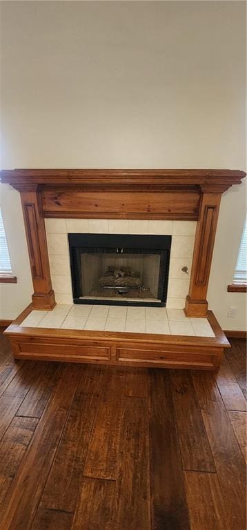 details featuring hardwood / wood-style flooring and a fireplace