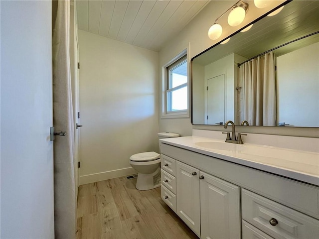 bathroom with hardwood / wood-style flooring, vanity, toilet, and wood ceiling