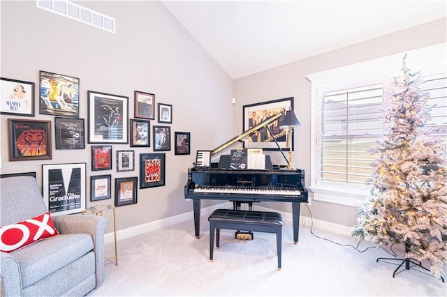 misc room featuring light carpet and high vaulted ceiling