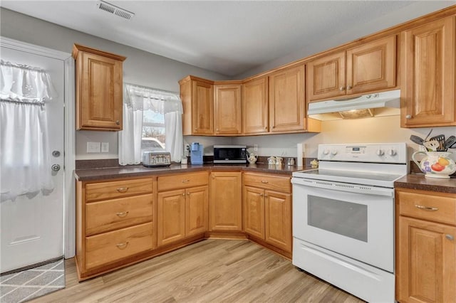 kitchen with light wood-type flooring and white electric range