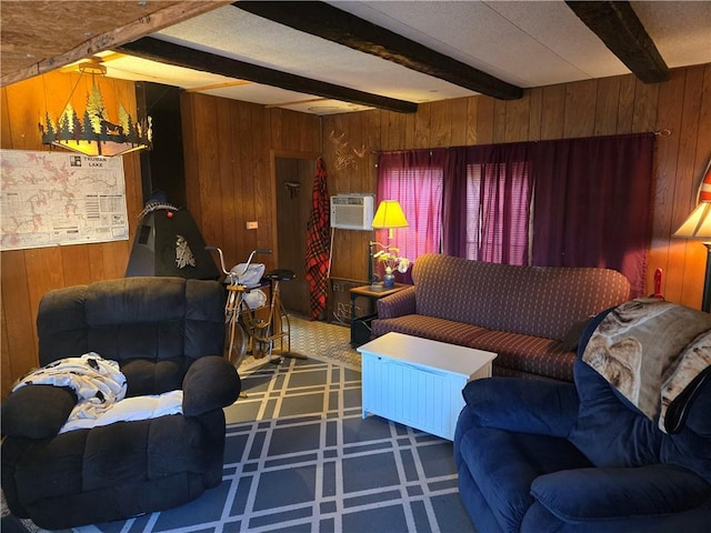 living room with beam ceiling, an AC wall unit, and wooden walls