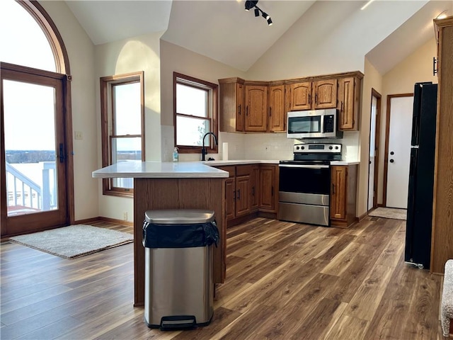 kitchen with appliances with stainless steel finishes, dark hardwood / wood-style flooring, vaulted ceiling, and decorative backsplash