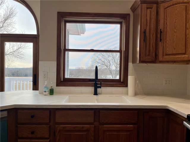 kitchen with tasteful backsplash, a healthy amount of sunlight, and sink