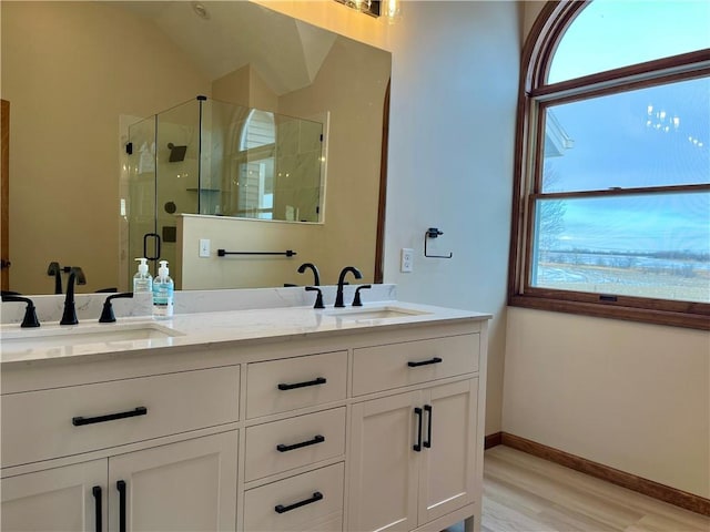 bathroom featuring a healthy amount of sunlight, a shower with shower door, wood-type flooring, and vanity