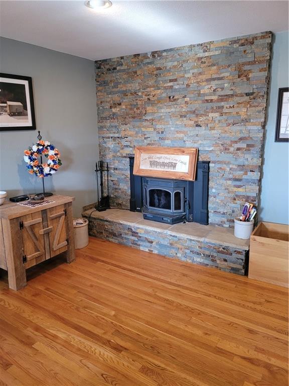 interior details with hardwood / wood-style floors and a wood stove