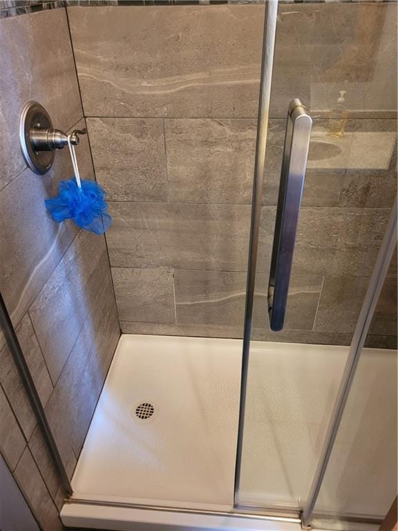 bathroom with a shower with shower door