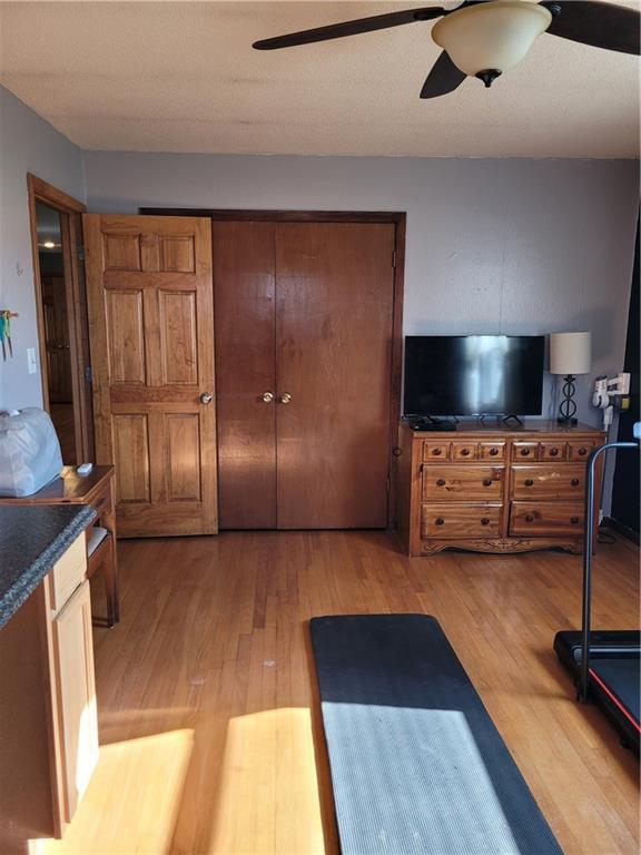 interior space with ceiling fan, a closet, and light wood-type flooring