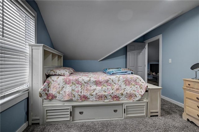 bedroom featuring a baseboard heating unit, carpet floors, and lofted ceiling