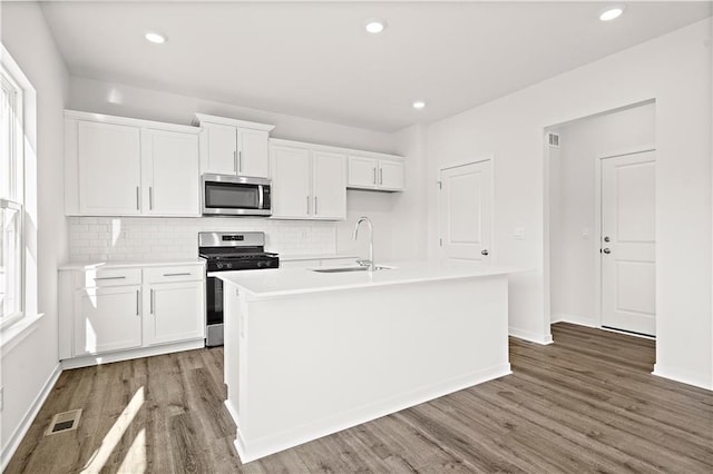 kitchen with white cabinets, sink, stainless steel appliances, and a kitchen island with sink